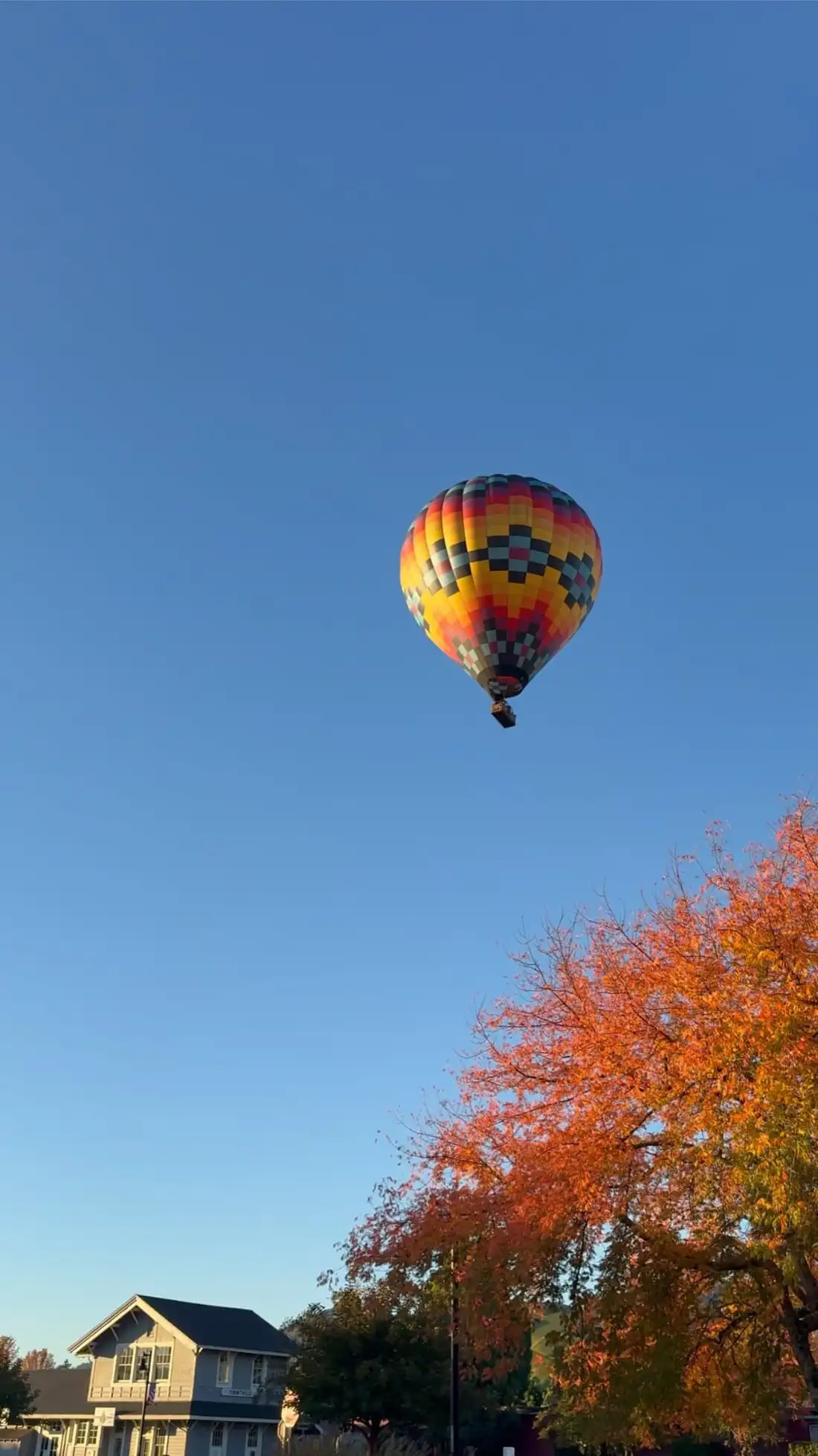 A hot-air balloon adrift in a clear sky